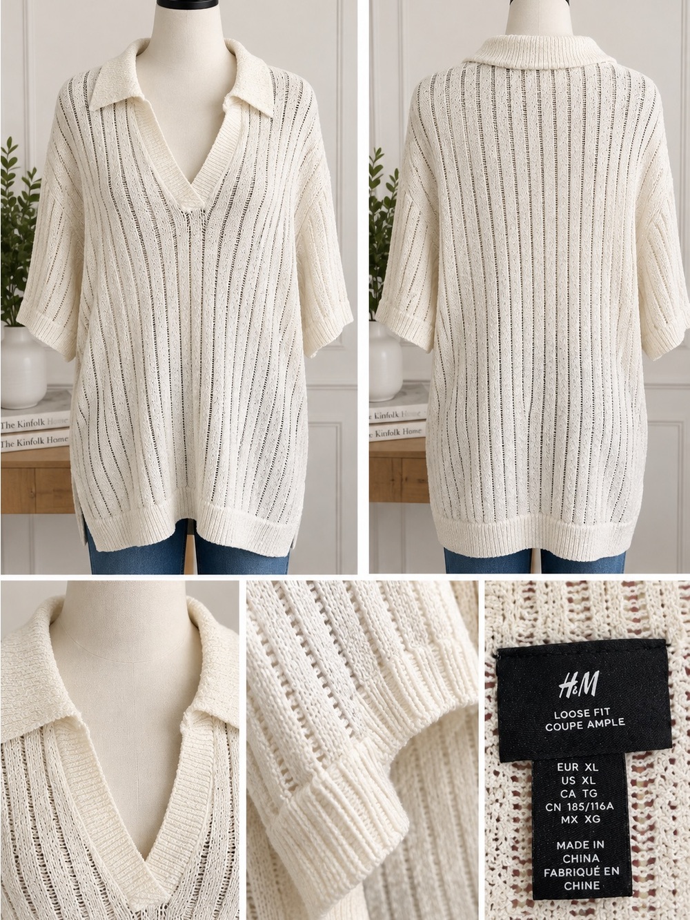 H&M Cream Ribbed Collared V-Neck Sweater
